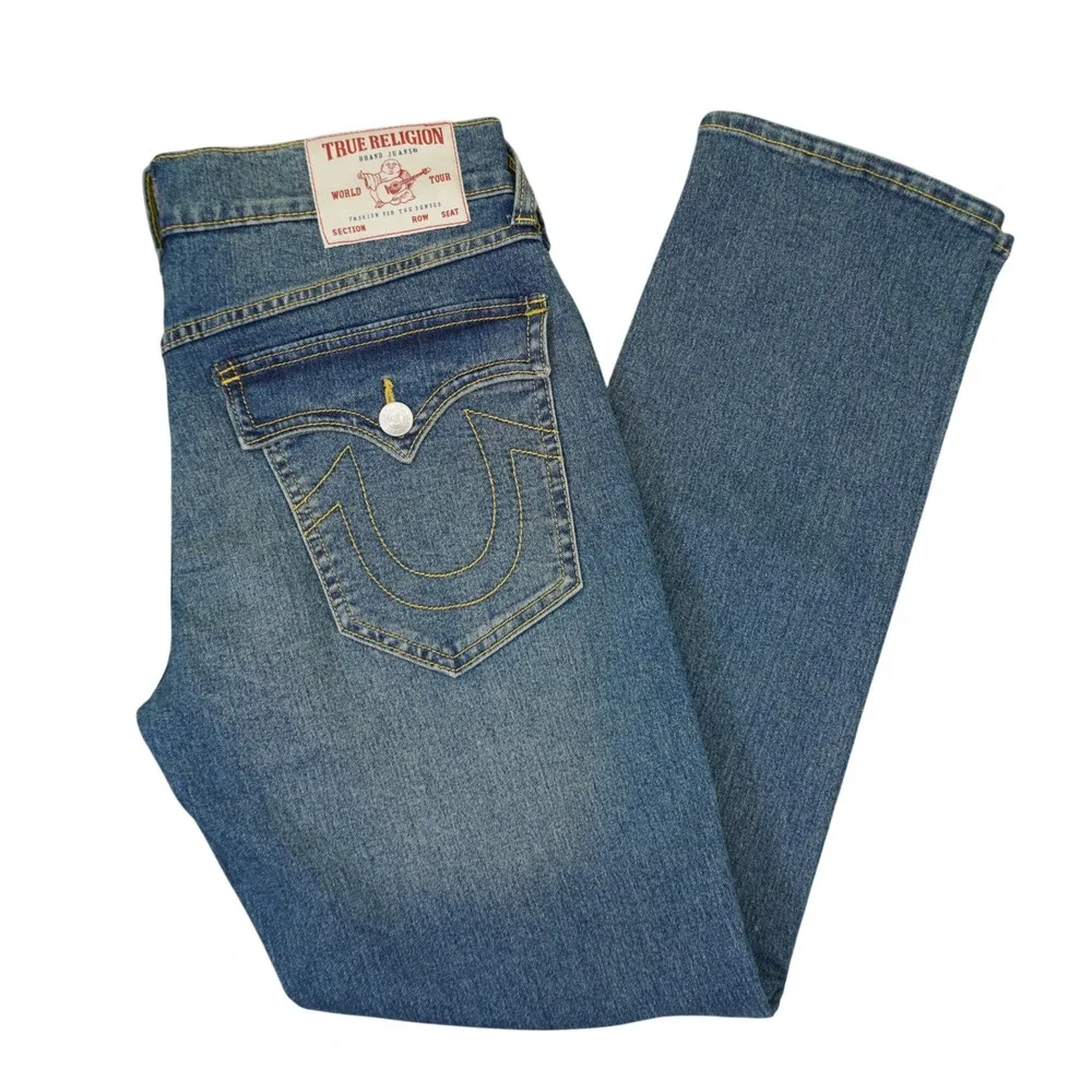 True Religion Geno Relaxed Slim Jeans Mens 33 (Fit 34x31) Big T Flap Stretch